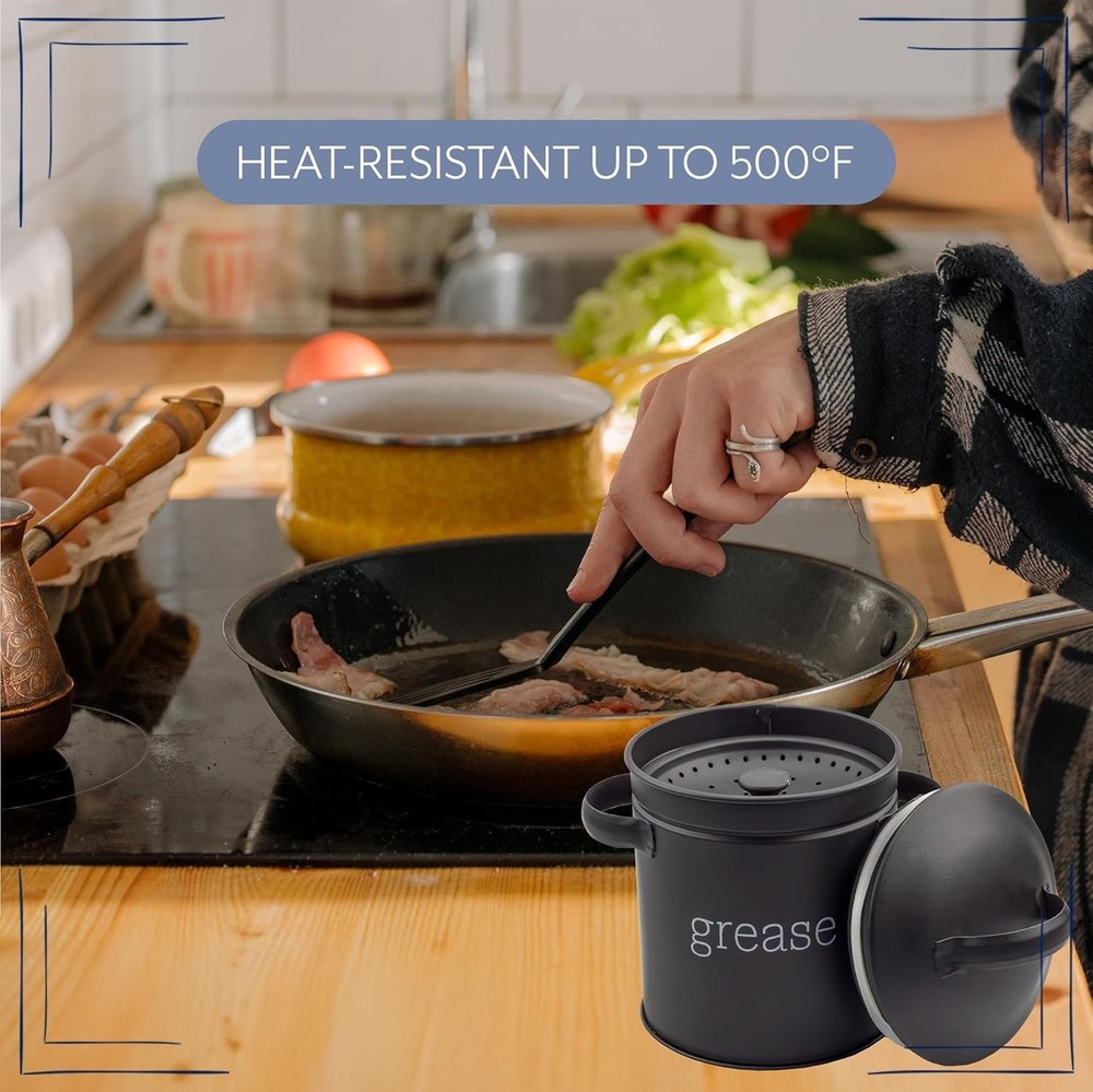 Practical Black Enamel Grease Container w/Strainer - Essential Kitchen Accessory