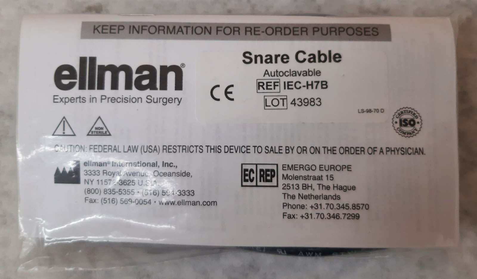 Ellman Polyp Snare System With Cable & 3 Wires Japanese Stainless H301