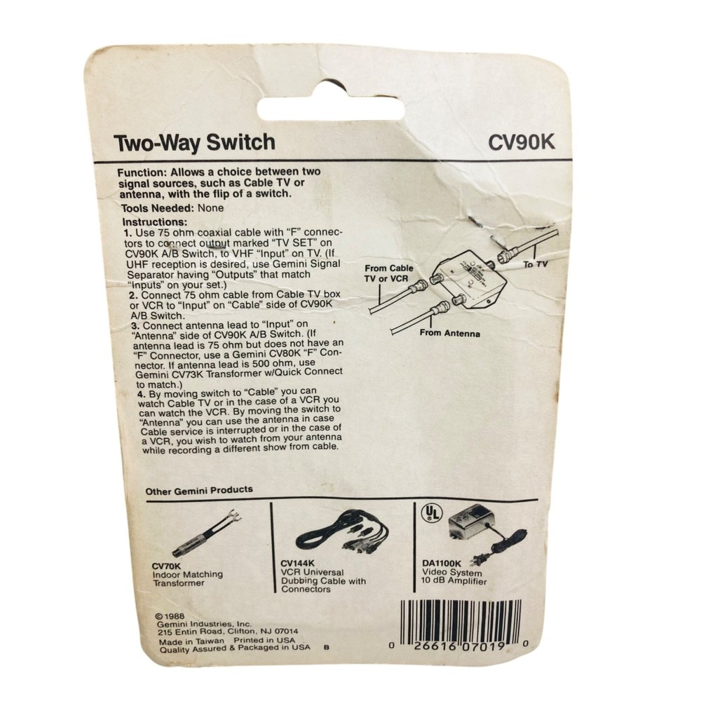 Gemini Two Way Switch Splitter 75 Ohm CV90K - Fast Shipping