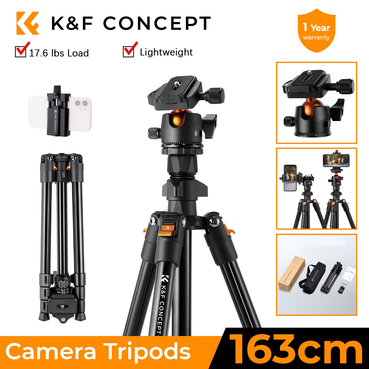 K&F CONCEPT 64inch Camera Tripod Lightweight Vlog Travel DSLR Tripod Smartphone