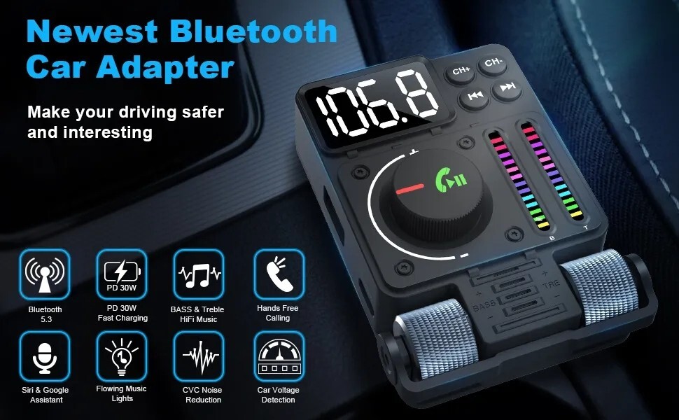 Wireless Bluetooth 5.3 FM Transmitter Radio Adapter USB Ports Car Fast Charger