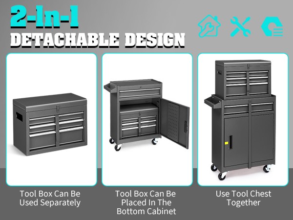 Rolling Tool Chest Tool Organizer Box with Lockable Wheels & Detachable Top NEW