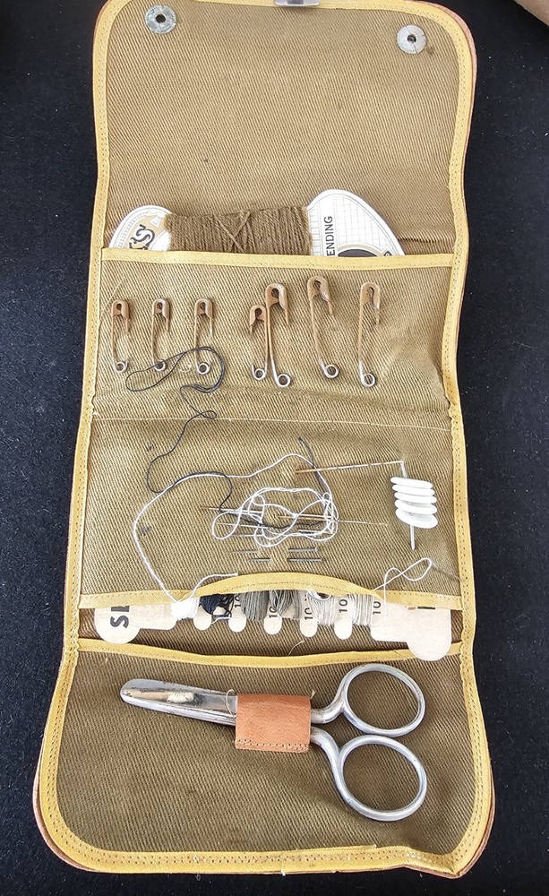 Vintage WW2 Leather Tri-fold Pouch Sewing Kit With Name Plate & Initials