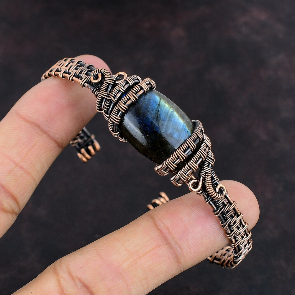 Gift For Her Natural Labradorite Bangle Wire Wrapped Adjustable Unknown Copper
