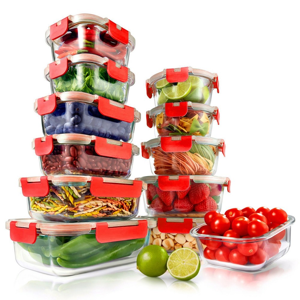 NutriChef 24-Piece Superior Glass Food Storage Containers Set, Stackable Design