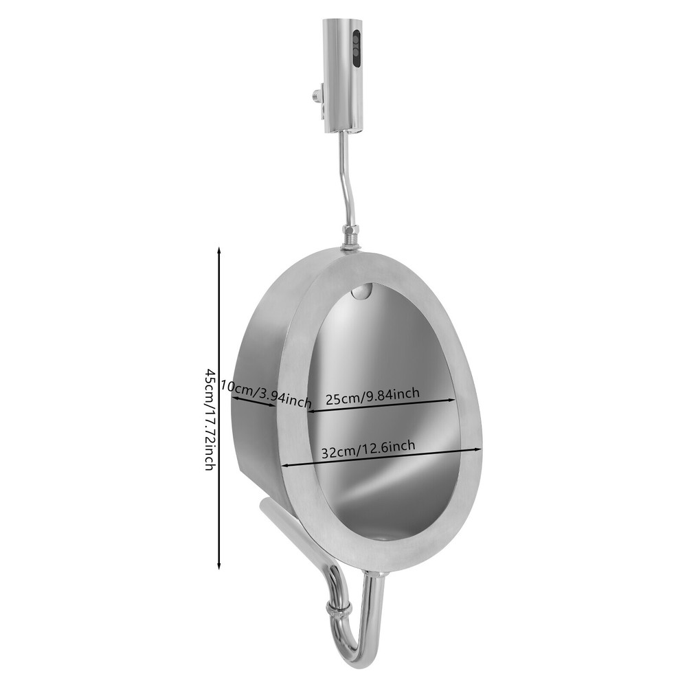 Oval Silver Stainless Steel Wall-Mounted Urinal with Automatic Sensing