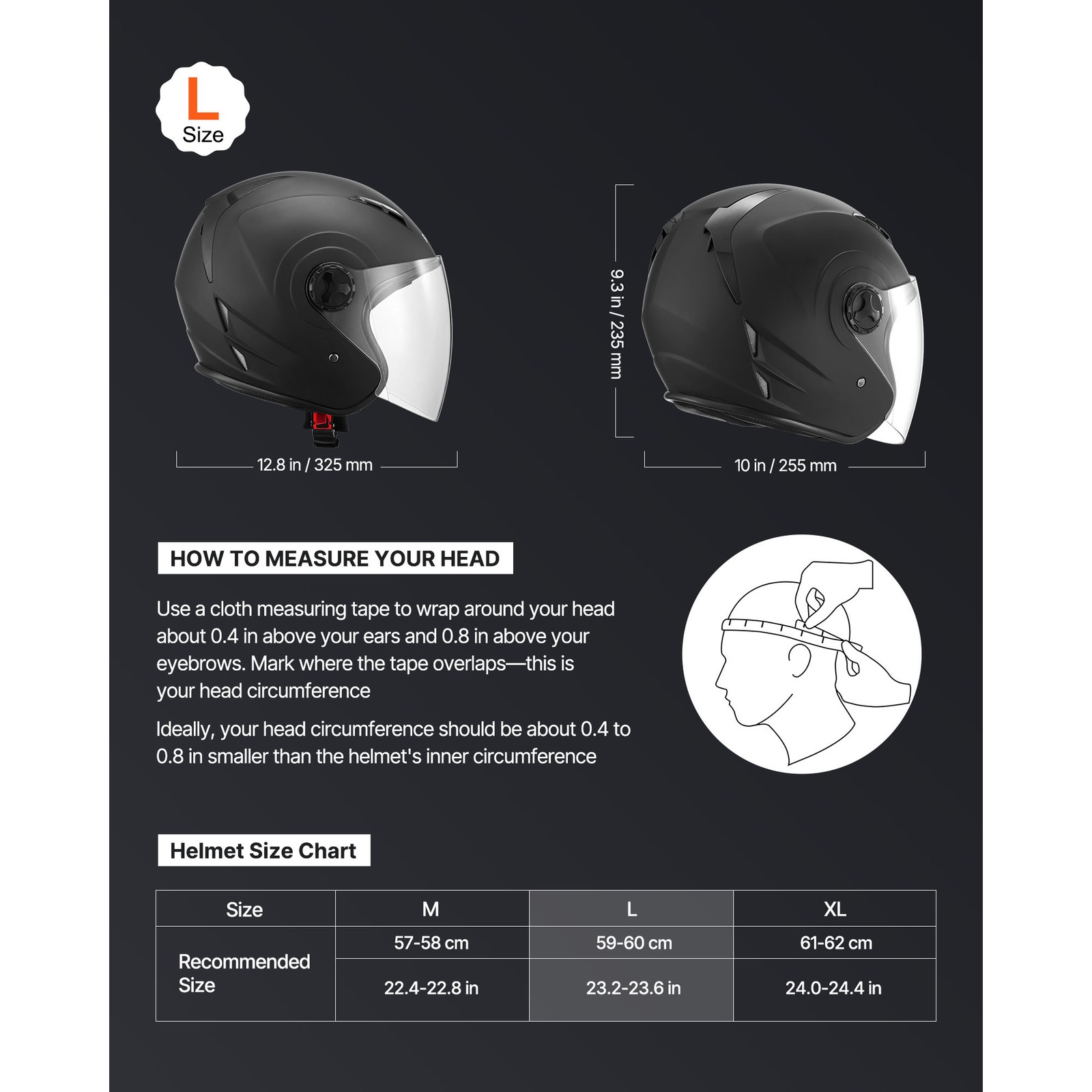Uimoso Adult Motorcycle 3/4 Open Face Helmet DOT Approved Size L Black