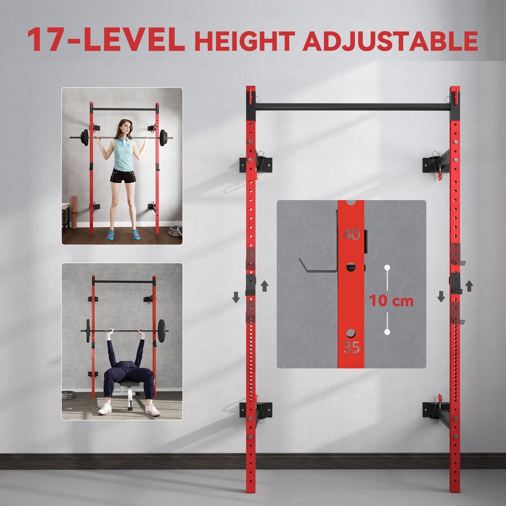 Folding Wall Mount Power Rack - 1000lb Capacity, 17 Adjustable Levels