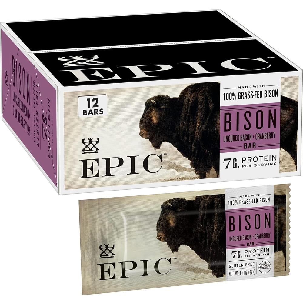 Bison Bacon Cranberry Bars, Grass-Fed, 12 Count Box 1.3Oz Bars