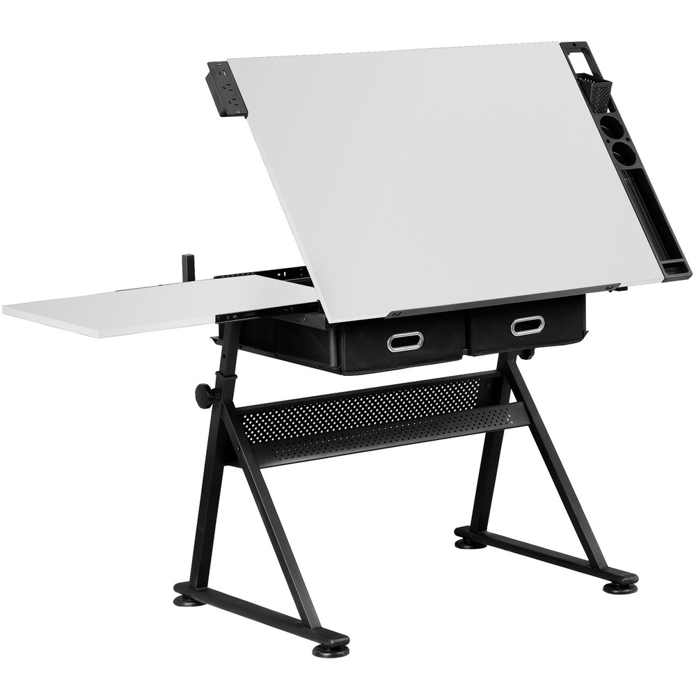 Adjustable Drafting Table & Stool Set Artist Desk with Charging Station White