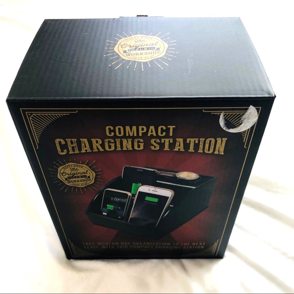 NIB Black Compact Charging Station Organize Multiple Devices HInged Back Panel
