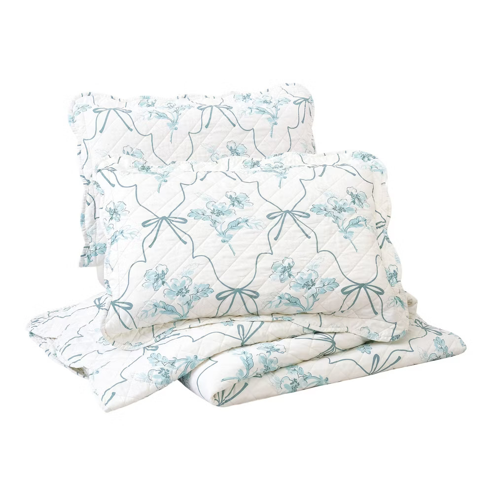 Modern Heirloom 3pc King Floral Frames Quilt Bedding Set Blue
