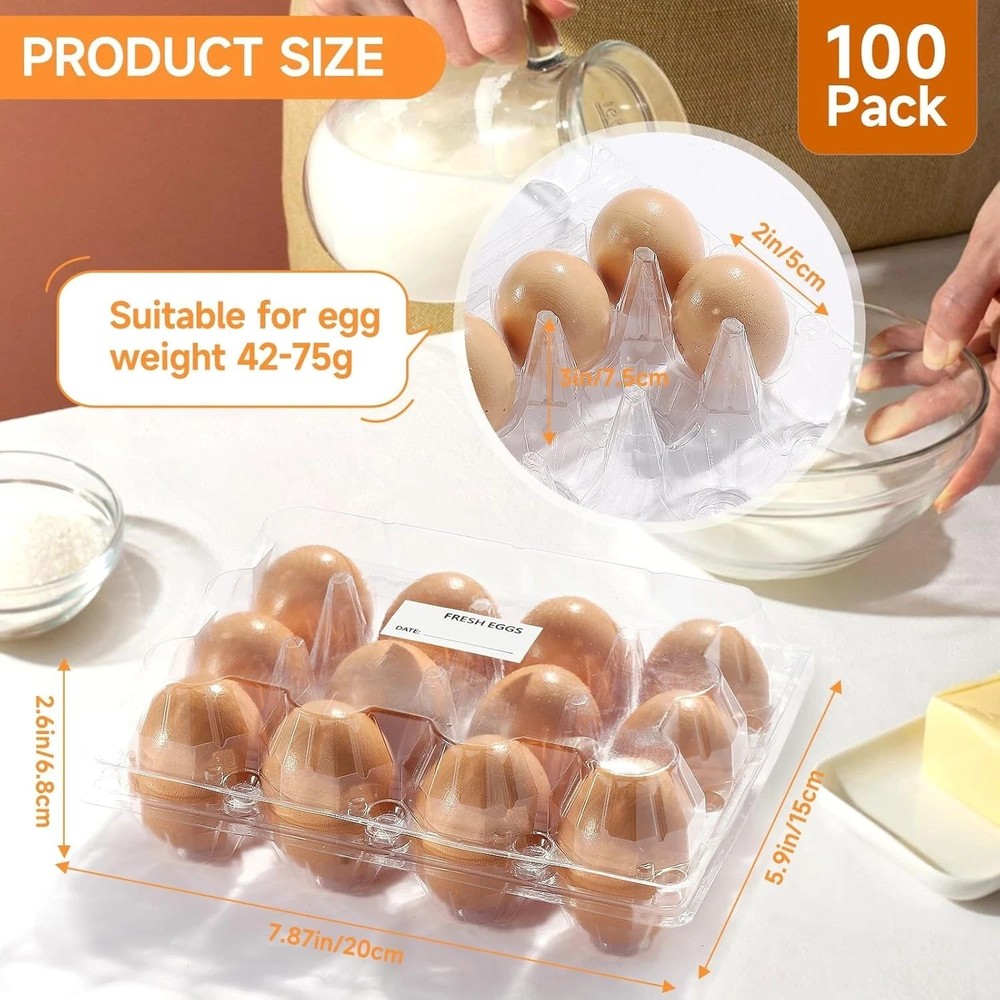 100 Pack 3X4 Plastic Egg Cartons Cheap Bulk 12 Count Clear Reusable Sturdy Eggs