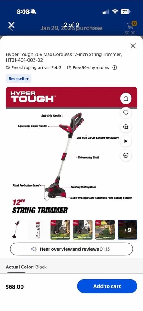 Hyper Tough 20v Max Cordless 12” String Trimmer