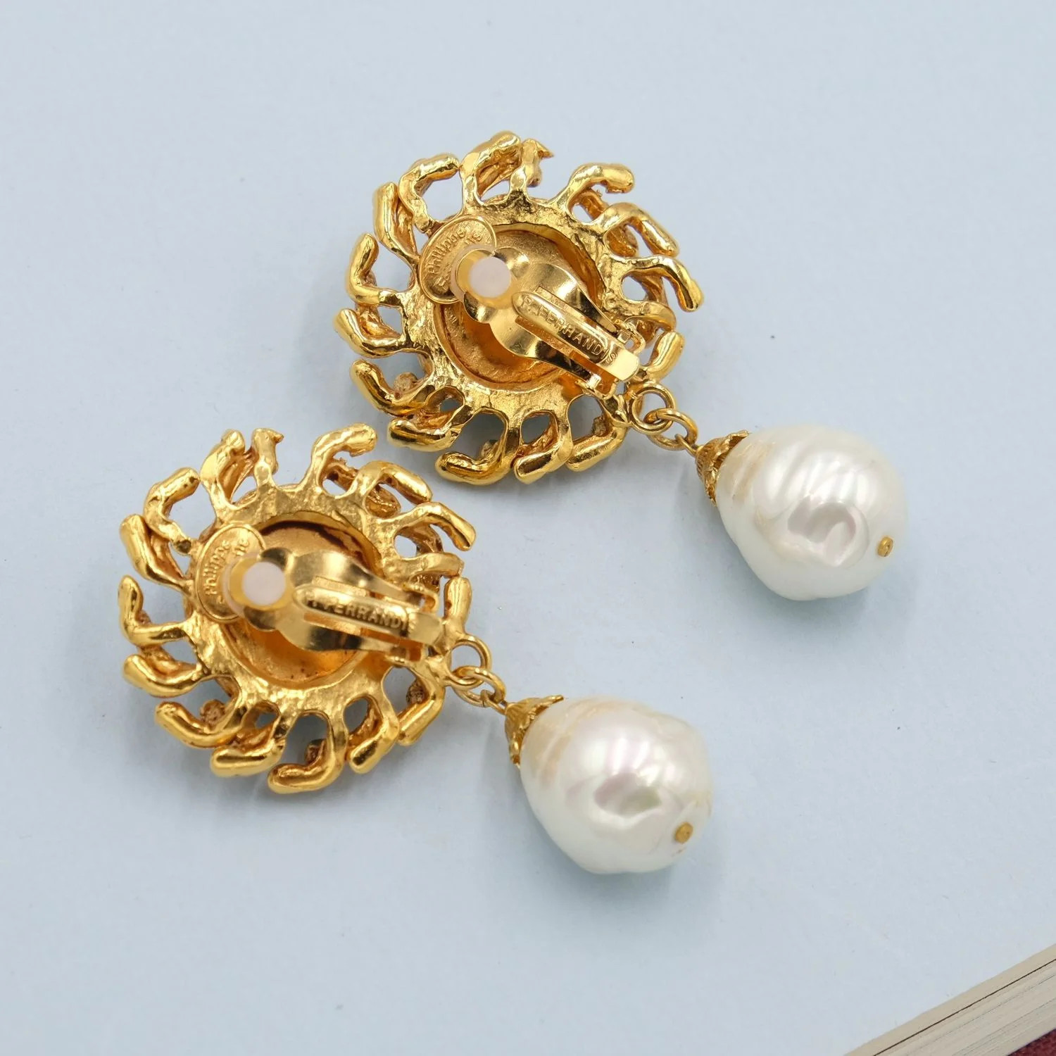 Vintage Philippe Ferrandis Earrings with Green Glass and Pearl Drop