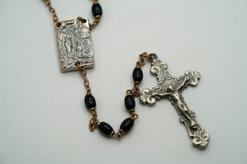 Vintage 30" Missing Relic Black Bead Silver Rosary 30" JB39
