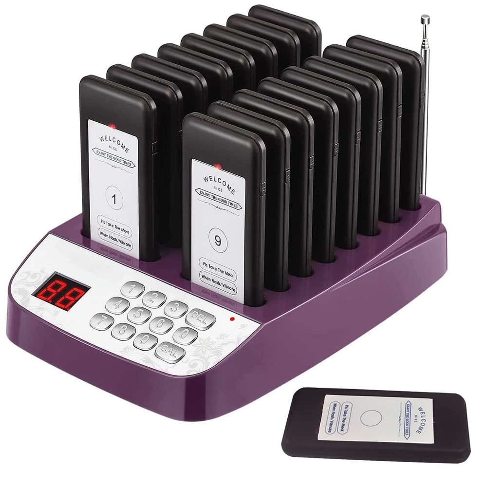 Pager Restaurant System 16 Buzzers Vibration Flashing Wireless Calling Guest ...