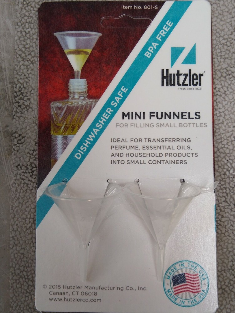 HUTZLER MINI PLASTIC FUNNELS TWO PACK SMALL BOTTLES ASSORTED COLORS FUNNEL