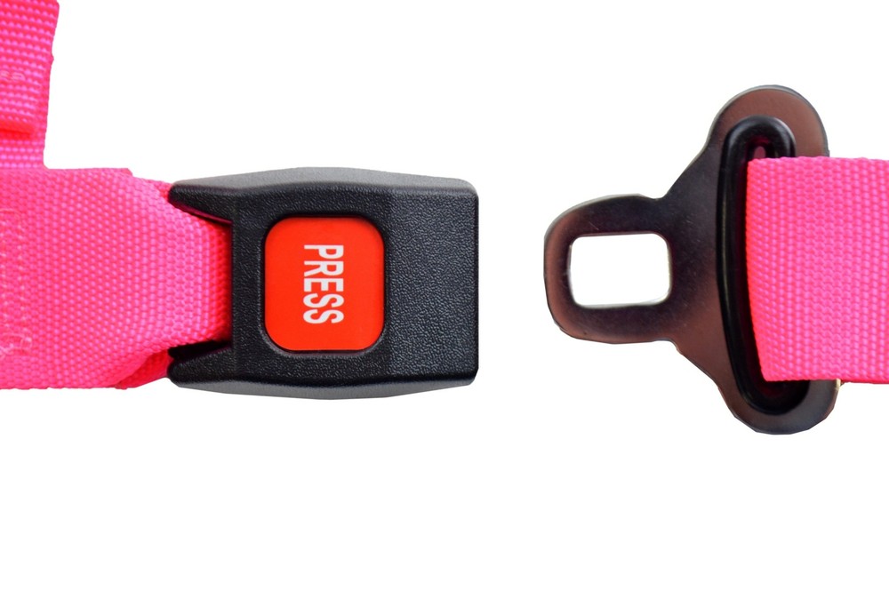 PINK 4 POINT SEAT BELT 2" HARNESS, PULL DOWN LAP BELTS FLOOR MOUNT PUSH BUTTON