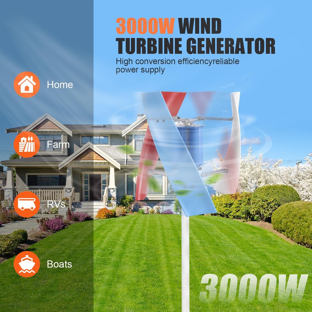 3000W Vertical Axis Wind Turbine Generator AC 12V Controller Home Windmill Kit--