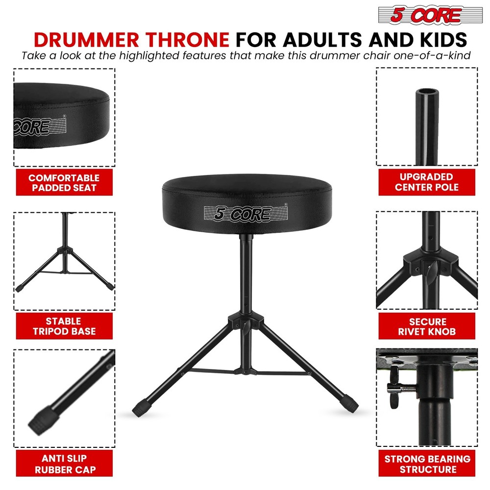 5 Core Drum Throne 3" Padded Comfortable 330Lb Capacity Drummer Stool Adjustable