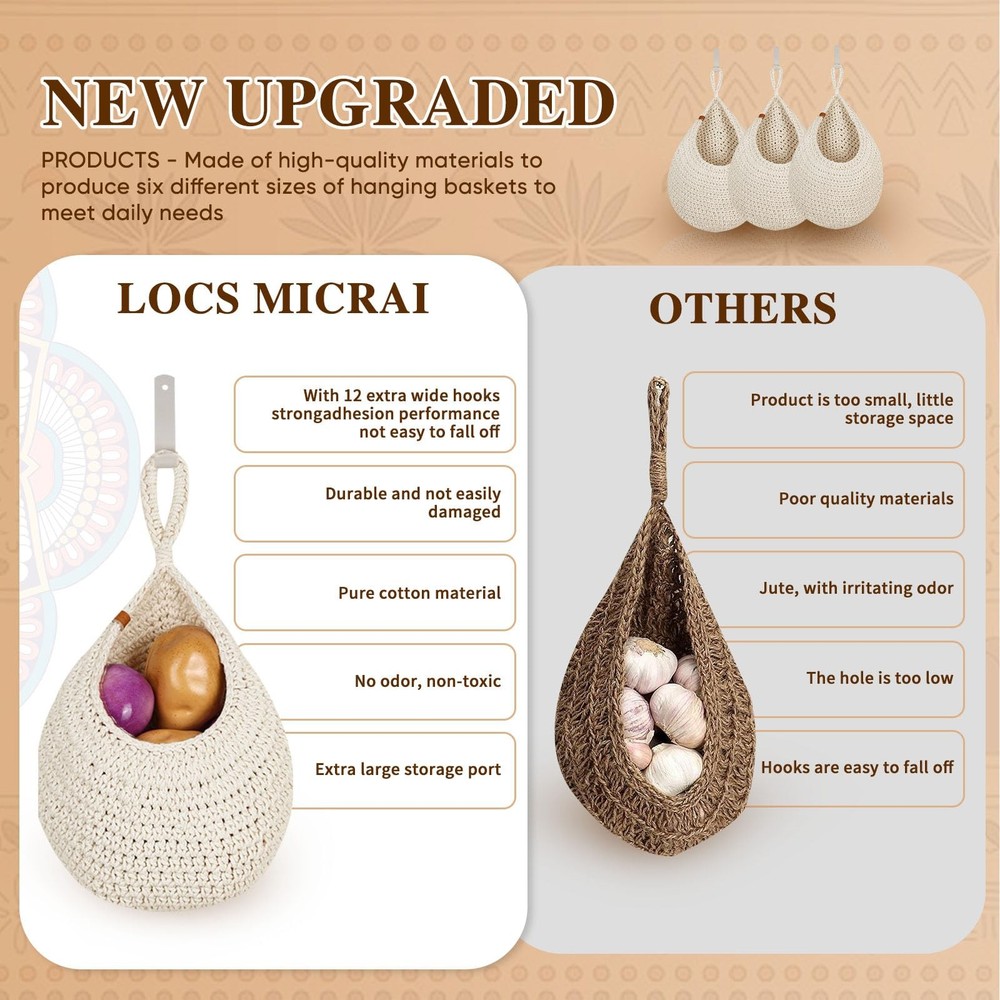 Hanging Fruit Baskets 6 Pack Wall Storage Boho Handwoven Kitchen Organizer Garli