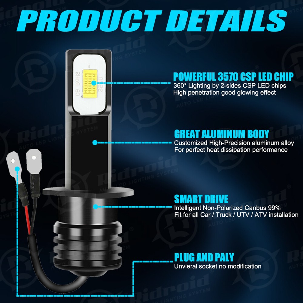 RIDROID H1 LED Headlight Bulb Conversion Kit High Low Beam Lamp 6500K White 2X