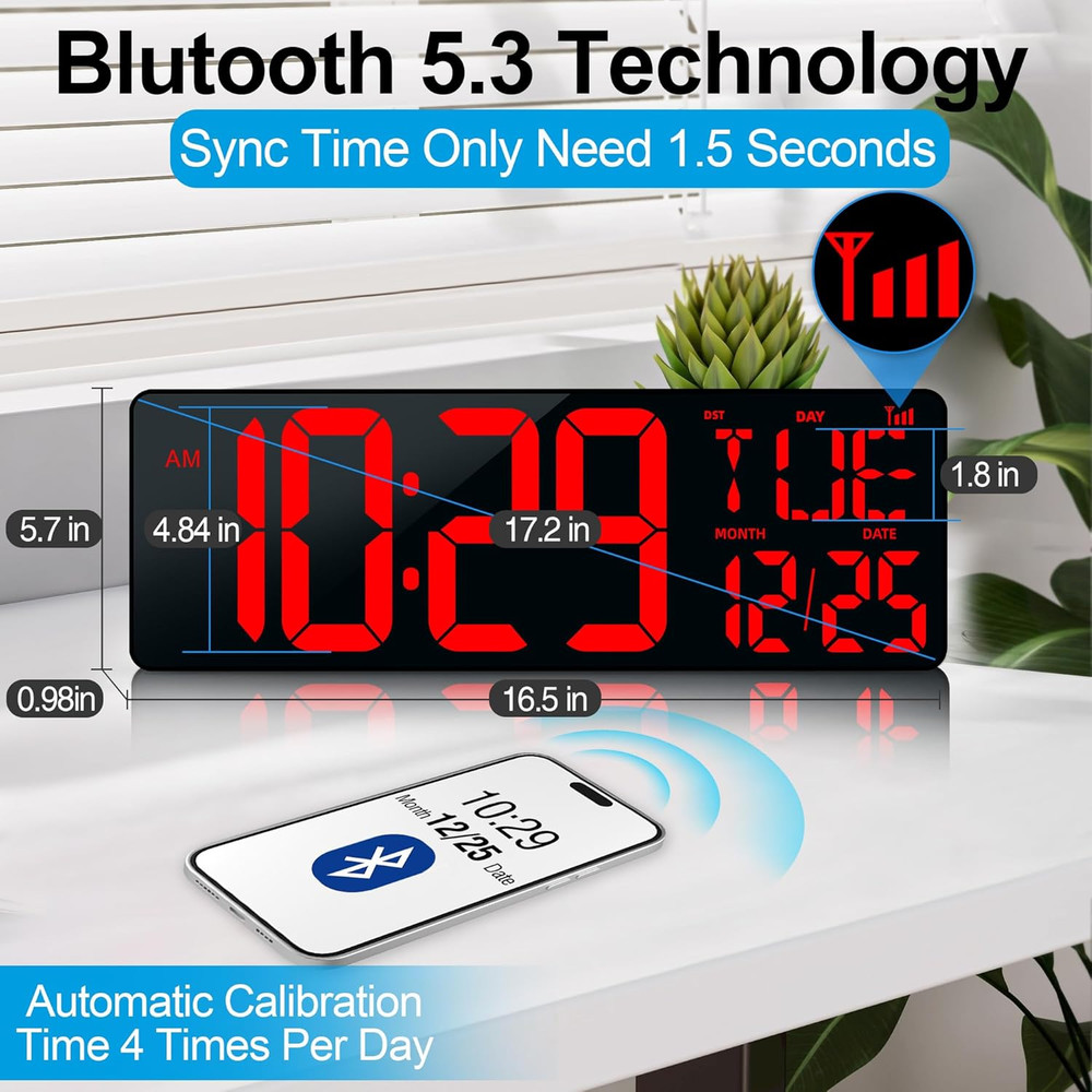 17.2" Large Digital Wall Clock Bluetooth Auto Time Sync Digital Clock Large Disp