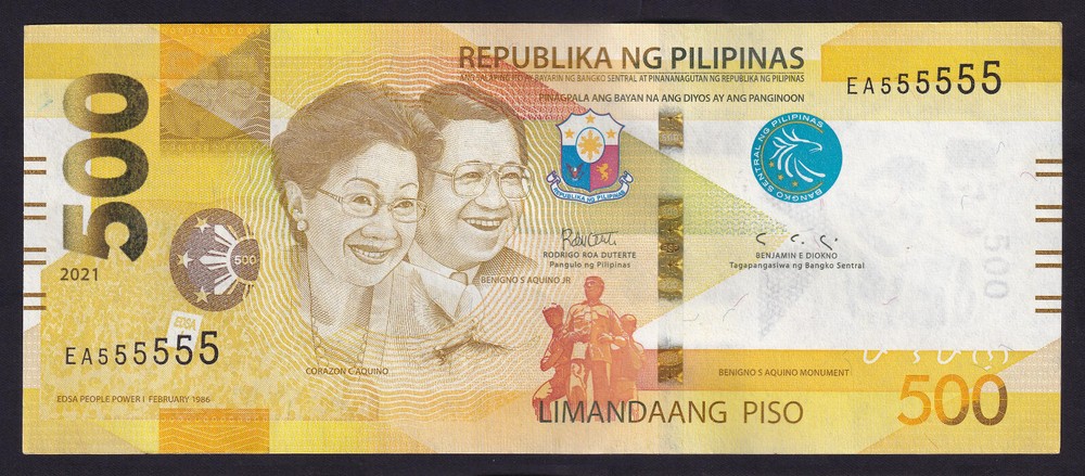 2021 NEW GENERATION 500 Pesos Duterte SOLID NO. EA555555 Philippine Banknote