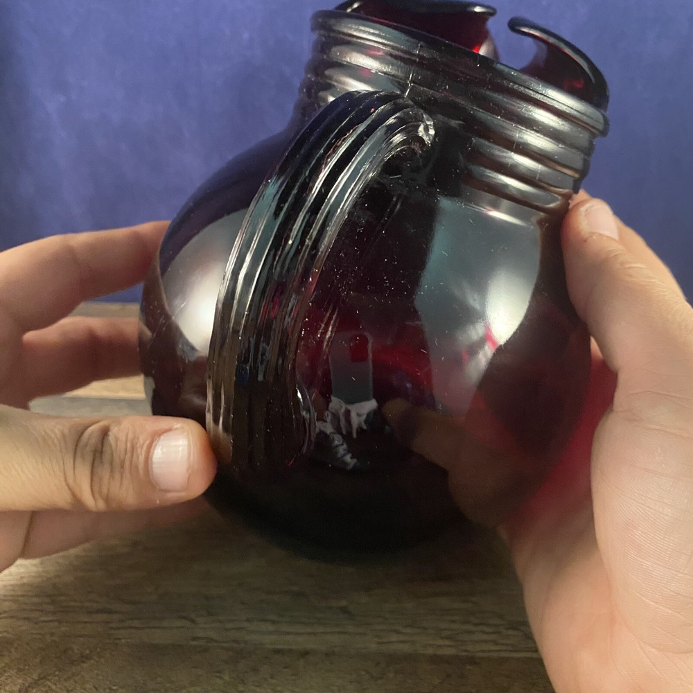 Ruby Red Glass Ball Pitcher 7”L x 5”W x 6”H