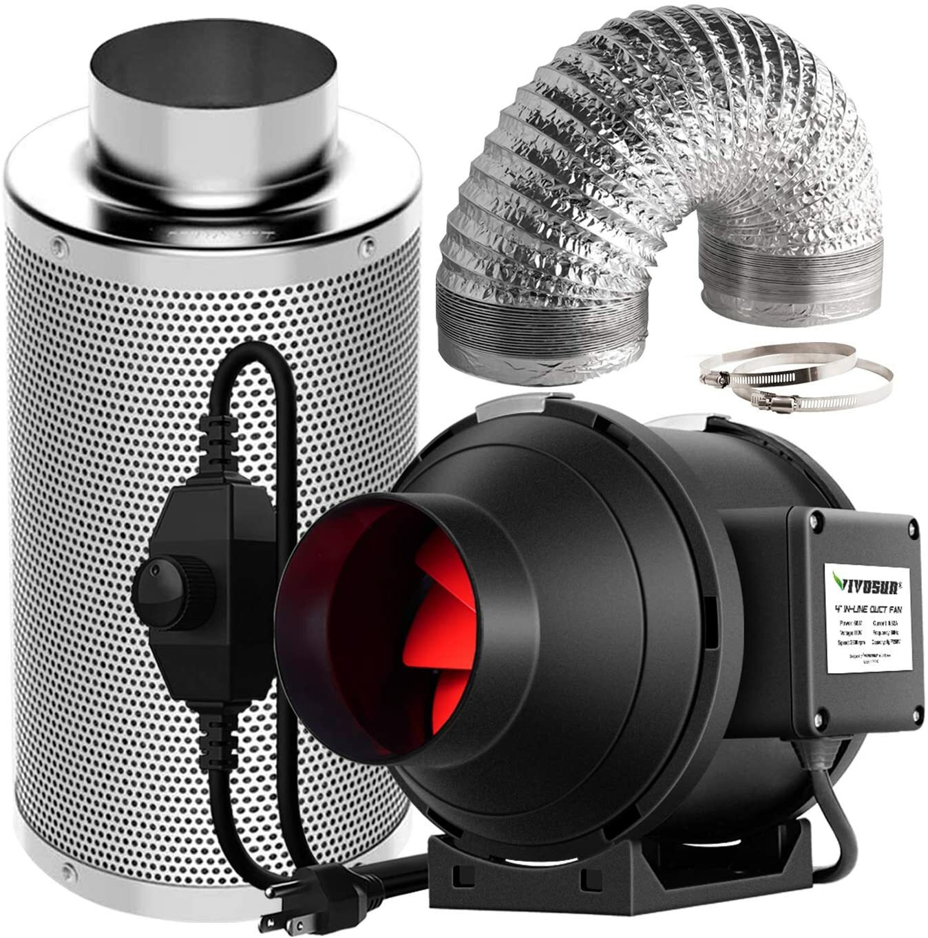VIVOSUN 4/6/8in Air Filtration Kit,Carbon Filter+Inline Fan+Ducting Speed Contro