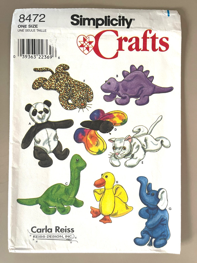 1990's Simplicity Beanbag Animals Pattern 8472 UNCUT