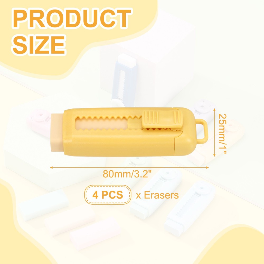 4Pack Erasers, Sliding Retractable Eraser Push Pull Cute Pencil Erasers, Yellow