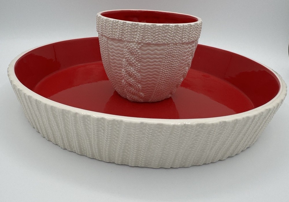 12” Hallmark serving tray w-attached sweater bowl in Center for dip/ Red & White