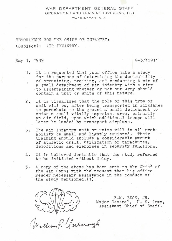 1939 Document for Developing Paratroop Forces- signed by Gen. WILLIAM YARBOROUGH