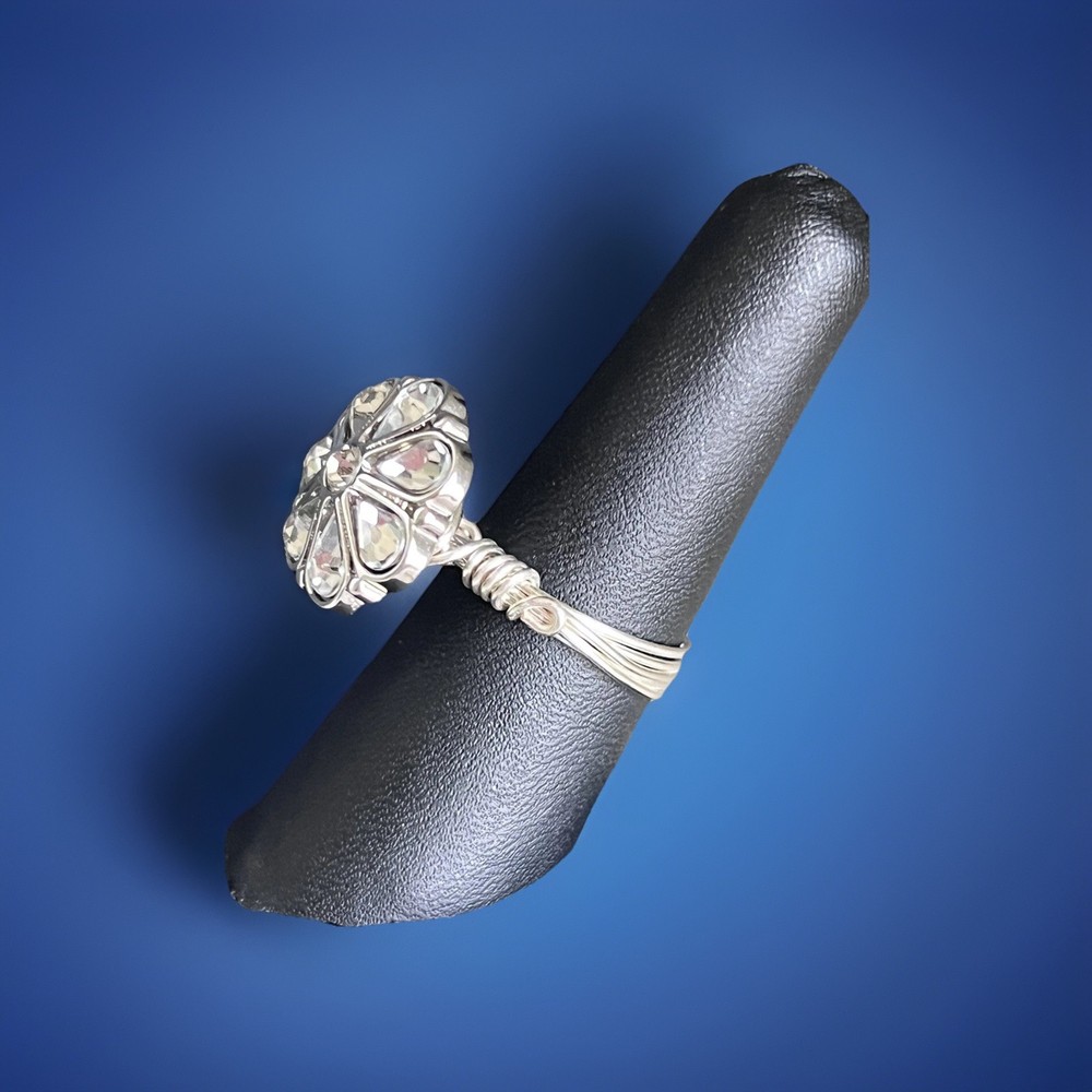 Unique Silver and Crystal Wire Wrapped Button Ring Size 8