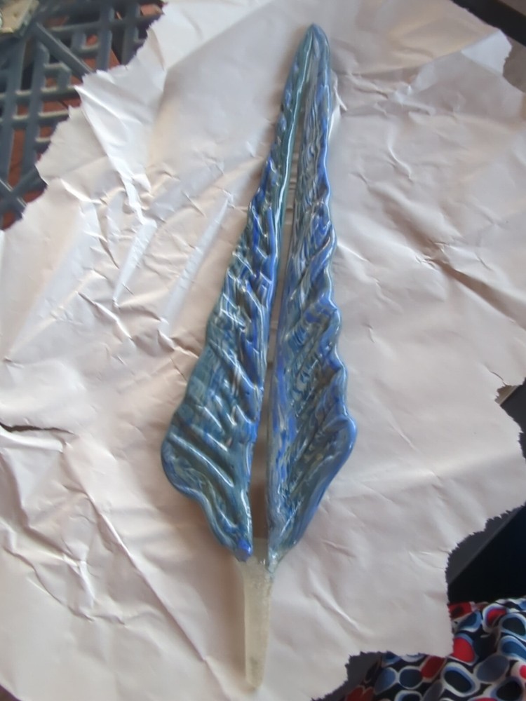 Blown Glass Plant Leaf, Peg Stem, Blue & Gray