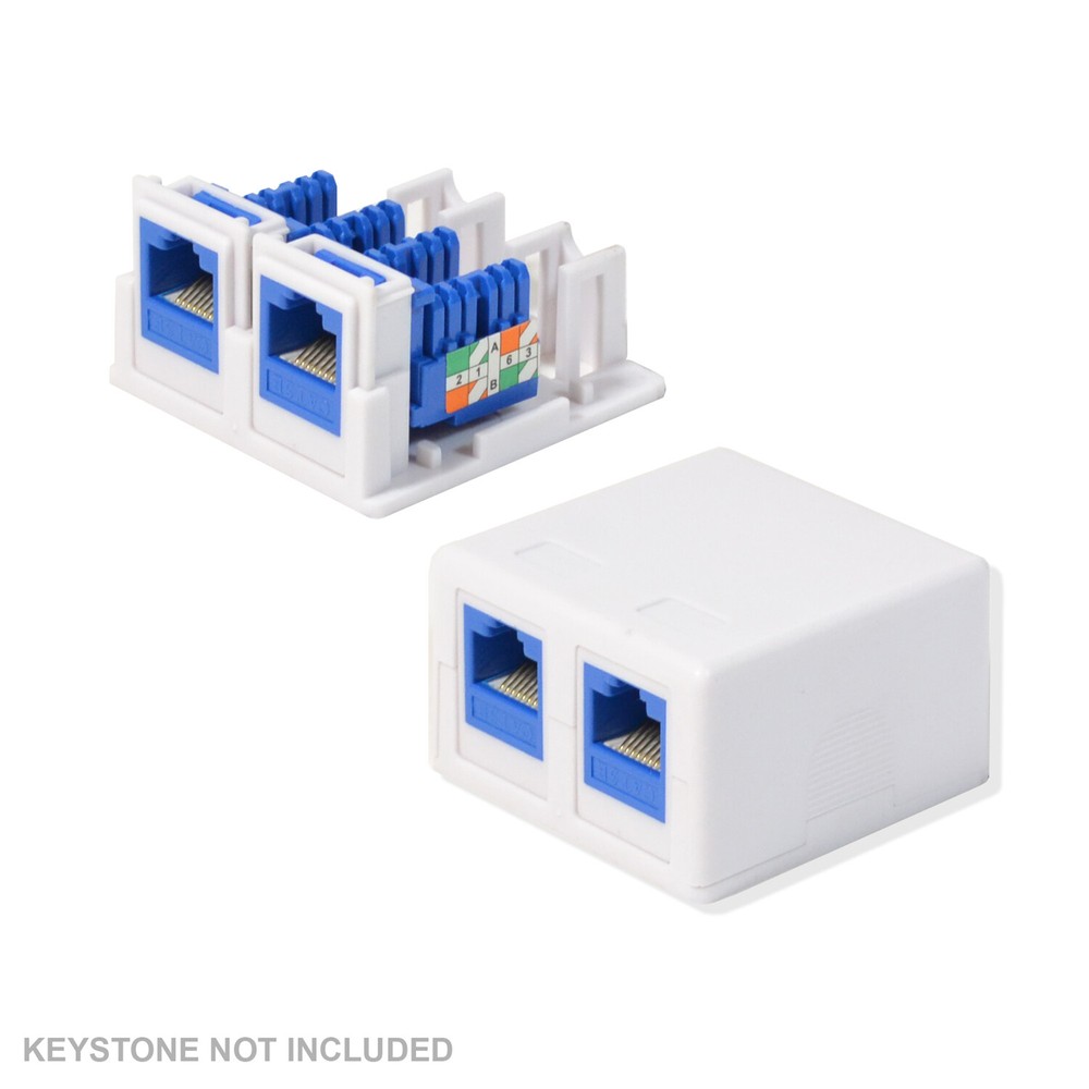 1 Pack Surface Mount Box 2 Port Double Hole Keystone Jack Cat5e/Cat6 White