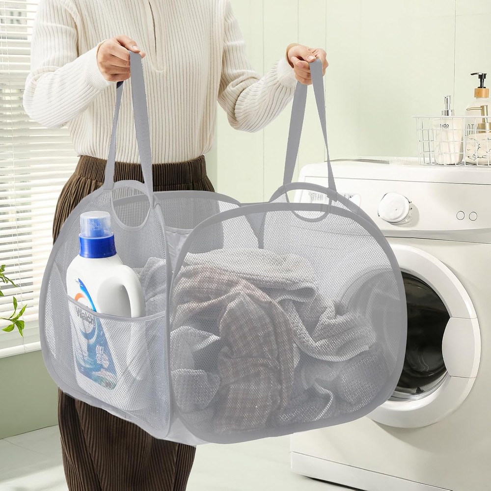 TECHMILLY Collapsible Mesh Pop Up Laundry Hamper with Strong Handles, Large Open