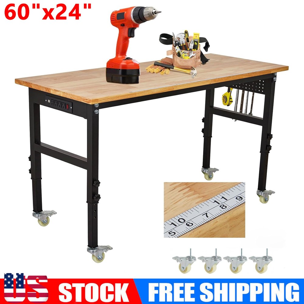 60'' Adjustable Workbench with Power Outlet Heavy Duty Work Table for Workshop