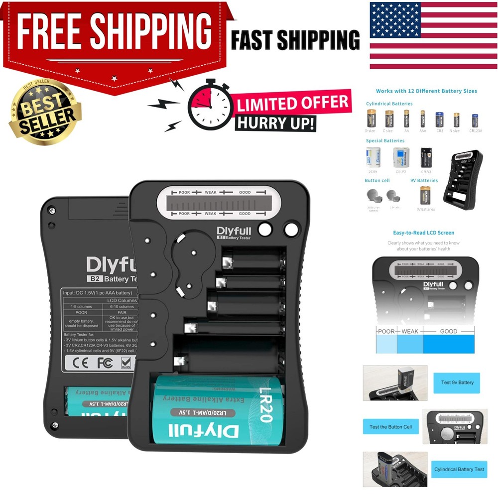 Universal LCD Battery Tester for AA AAA C D 9V & Button Cells - Compact & Quick