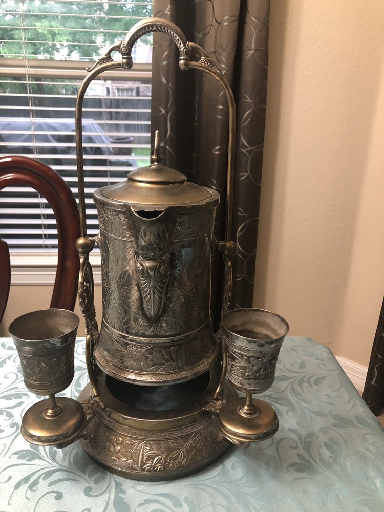 Tilting Water Pitcher, Victorian Antique With 2 Goblets