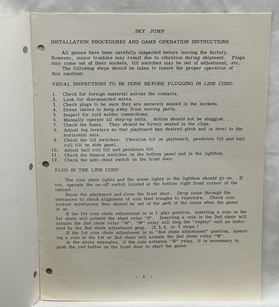 ORIGINAL-GOTTLIEB-SKY JUMP-INSTALLATION & OPERATION INSTRUCTIONS