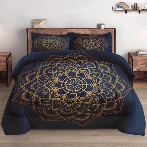 Size Comforter Set with 2 Pillowcases, Navy Blue Boho Gold Queen Multi 24