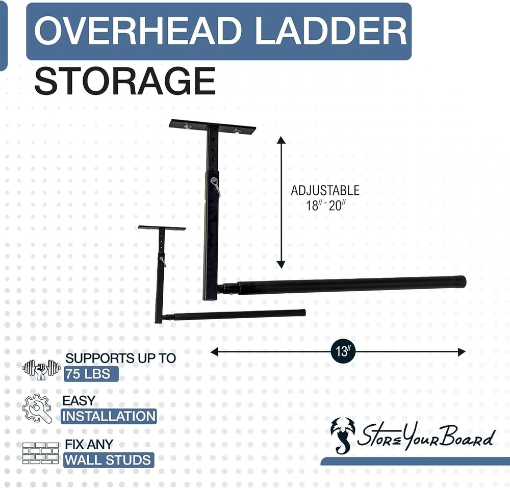 Adjustable Overhead Ladder Rack Ceiling Mount Garage Storage Shelf Holds 75 lbs