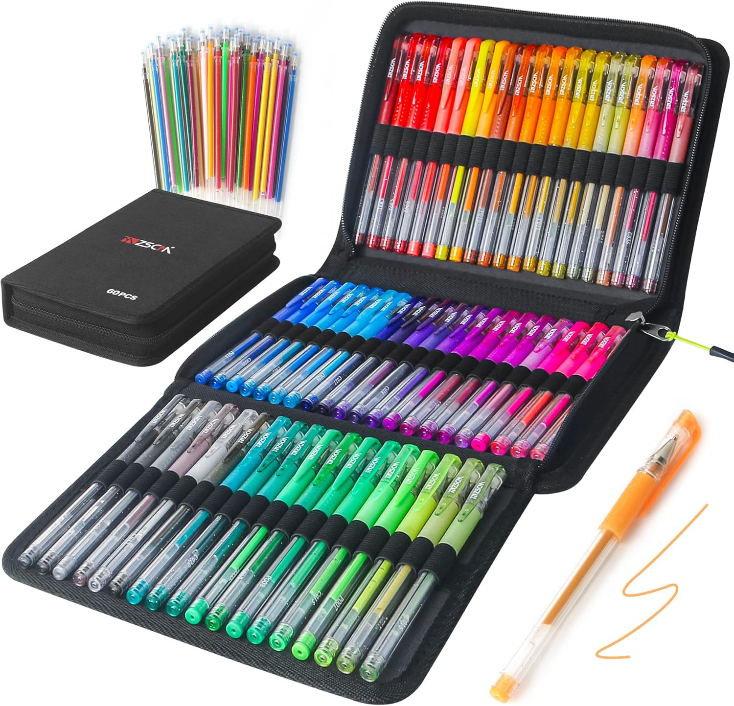120 Pack Glitter Gel Pens Set, ZSCM 60 Colors Glitter Pens With 60 Refills, Colo