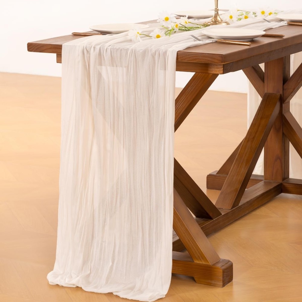 Boho Cheesecloth Runner, 10FT Rustic Table Decor, Christmas Holiday, White