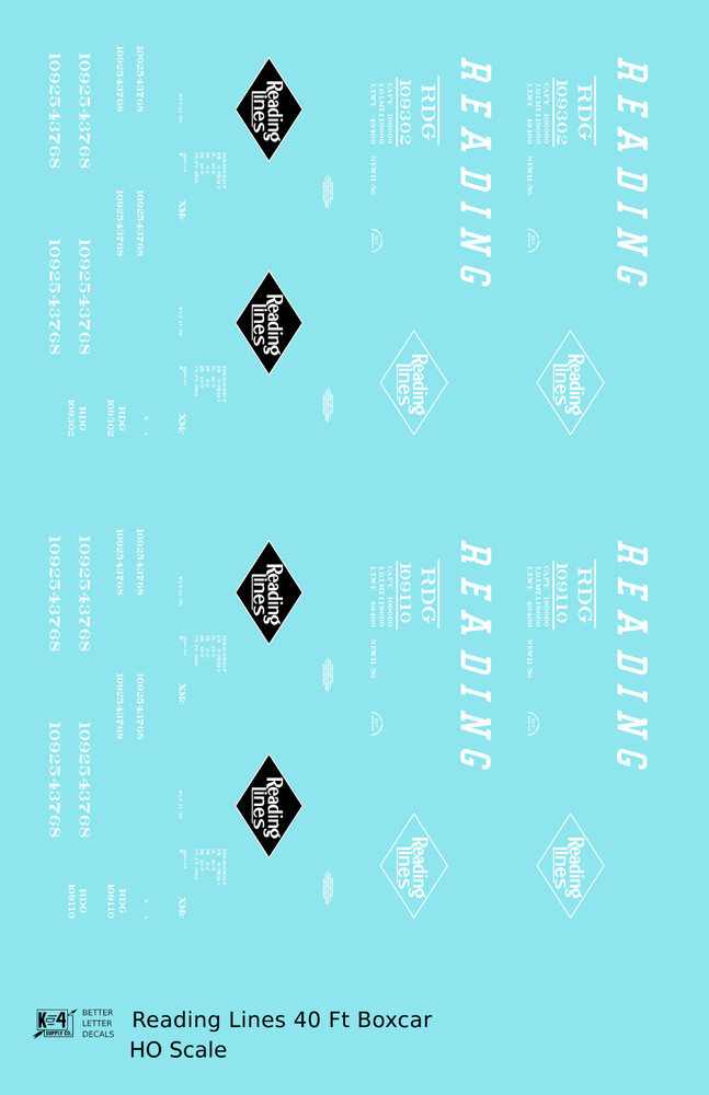 K4 HO Scale Decals Reading 40 Ft Boxcar White Diamond Logo
