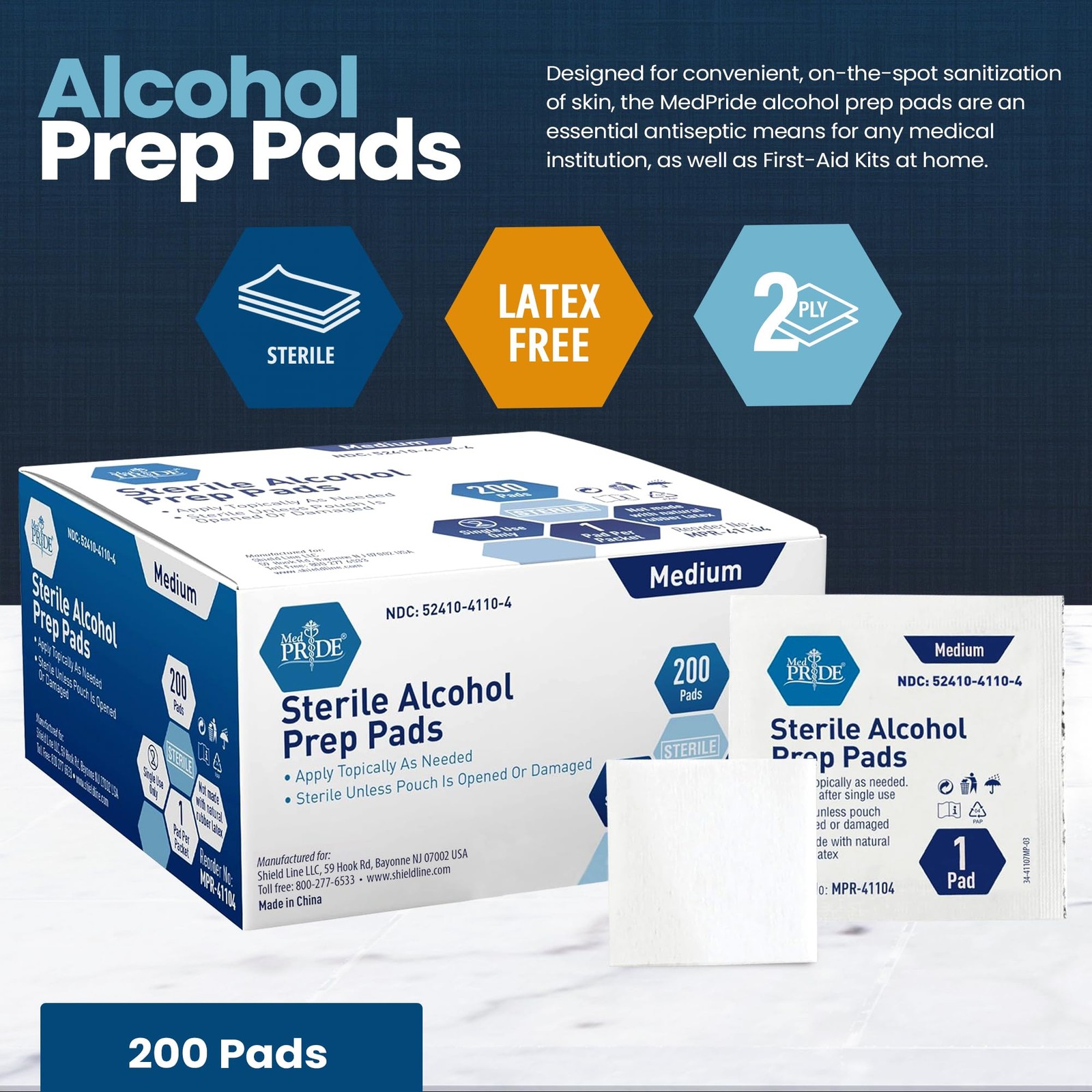 MED PRIDE Sterile Alcohol Prep Pads, Antiseptic, 200 Count (Pack of 1), White