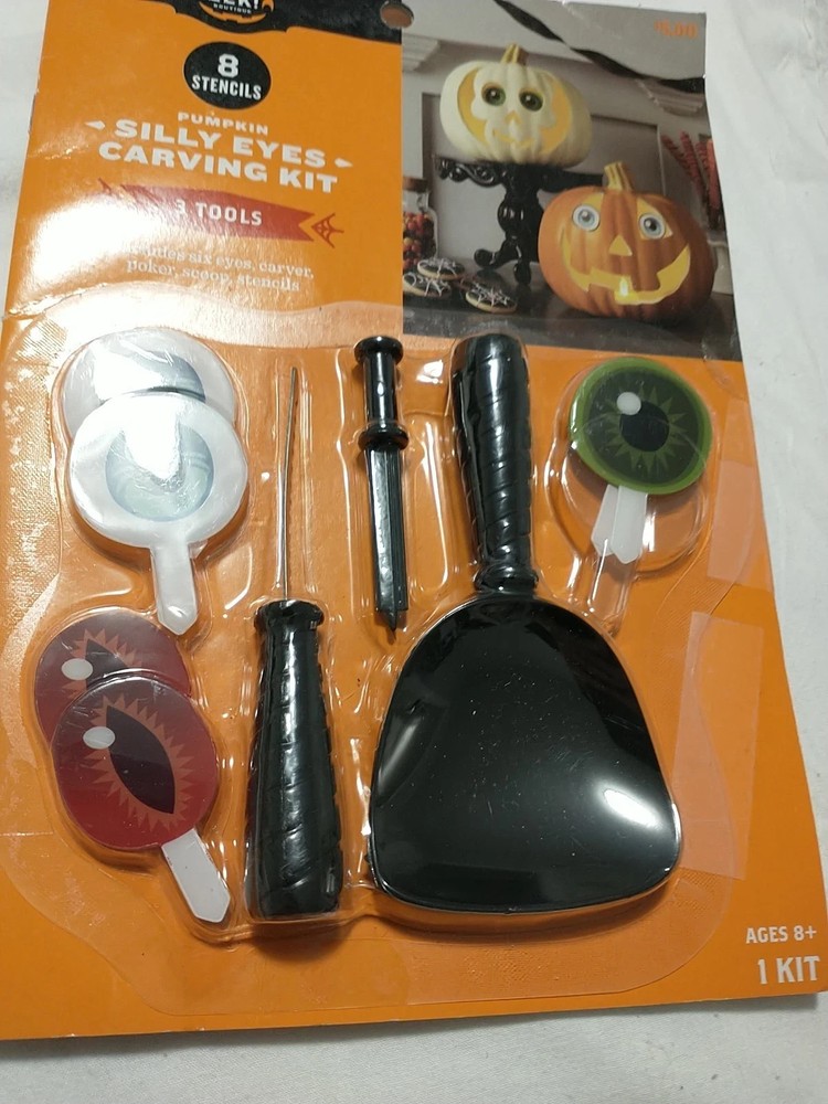 Hyde And EEK! PUMPKIN CARVING KIT 8 STENCILS THREE TOOLS SILLY EYES - NEW